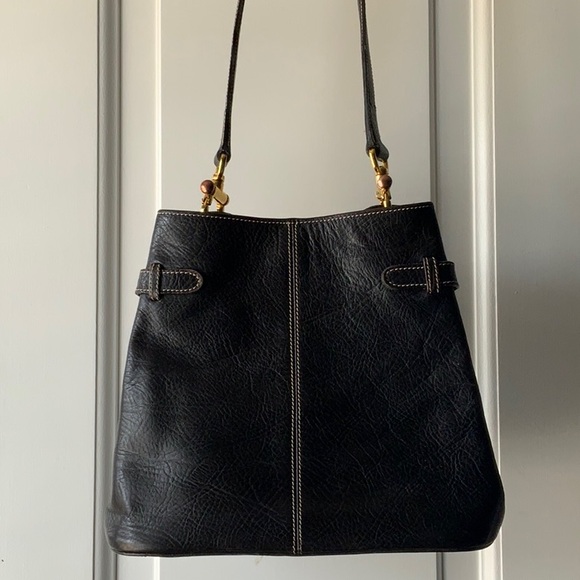 Black Leather Horse Bit Handbag with small attached bag inside and two handles. - Picture 2 of 8